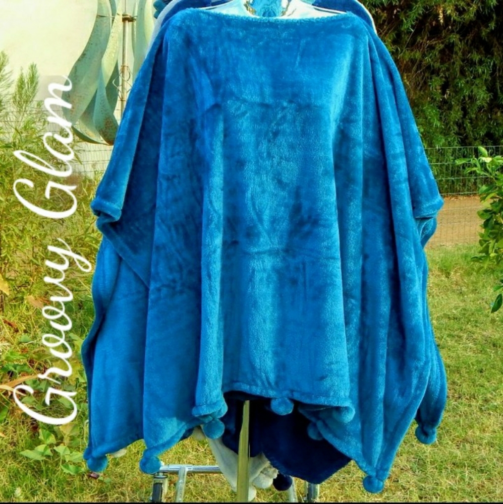GROOVY GLAM Cerulean Blue Handmade Plush Pompom Poncho